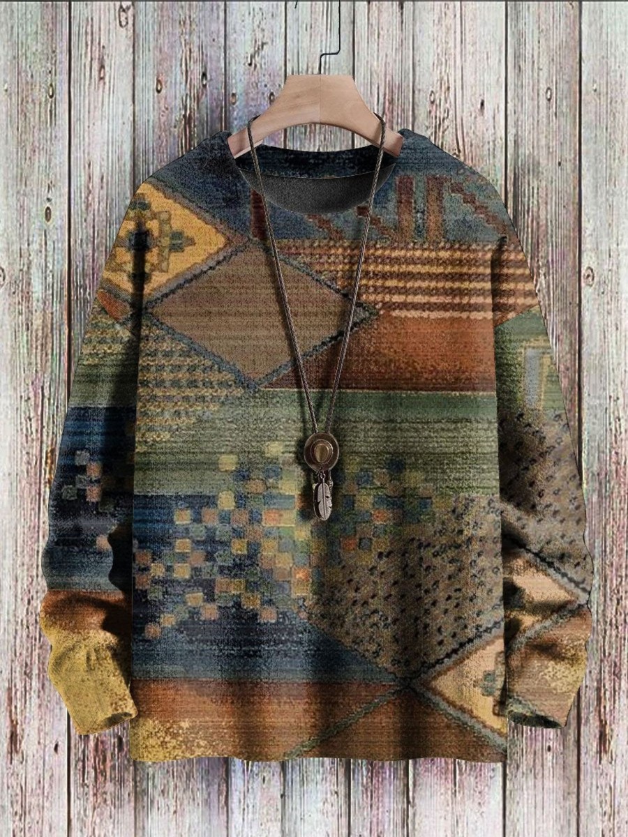 Men BXL Print Sweater | Round Neck Casual Loose Retro Geometric Knitted Pullover Sweater Brown