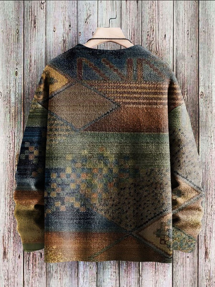 Men BXL Print Sweater | Round Neck Casual Loose Retro Geometric Knitted Pullover Sweater Brown