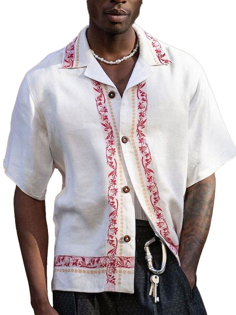 Men DJ Casual Short Sleeve Shirts | Cuban Collar Retro Print Casual Short Sleeve Shirt White