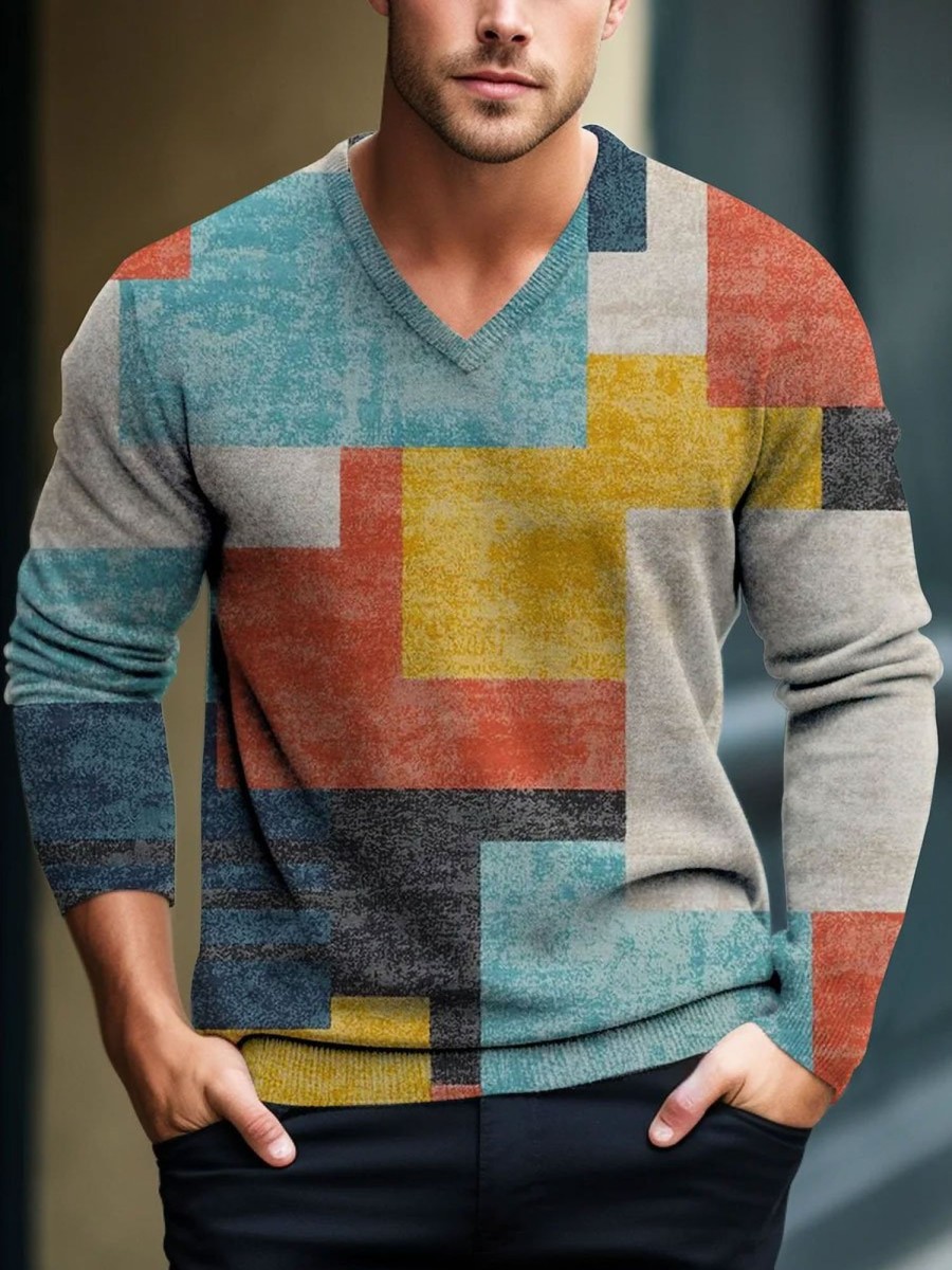 Men DJ Print Sweater | Men'S Vintage Geometric Art Pattern Color V-Neck Knit Long Sleeve Sweater Photo Color