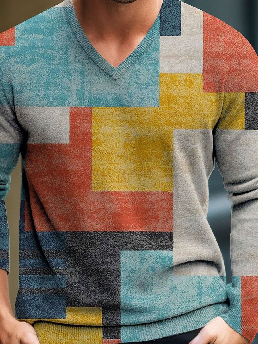 Men DJ Print Sweater | Men'S Vintage Geometric Art Pattern Color V-Neck Knit Long Sleeve Sweater Photo Color