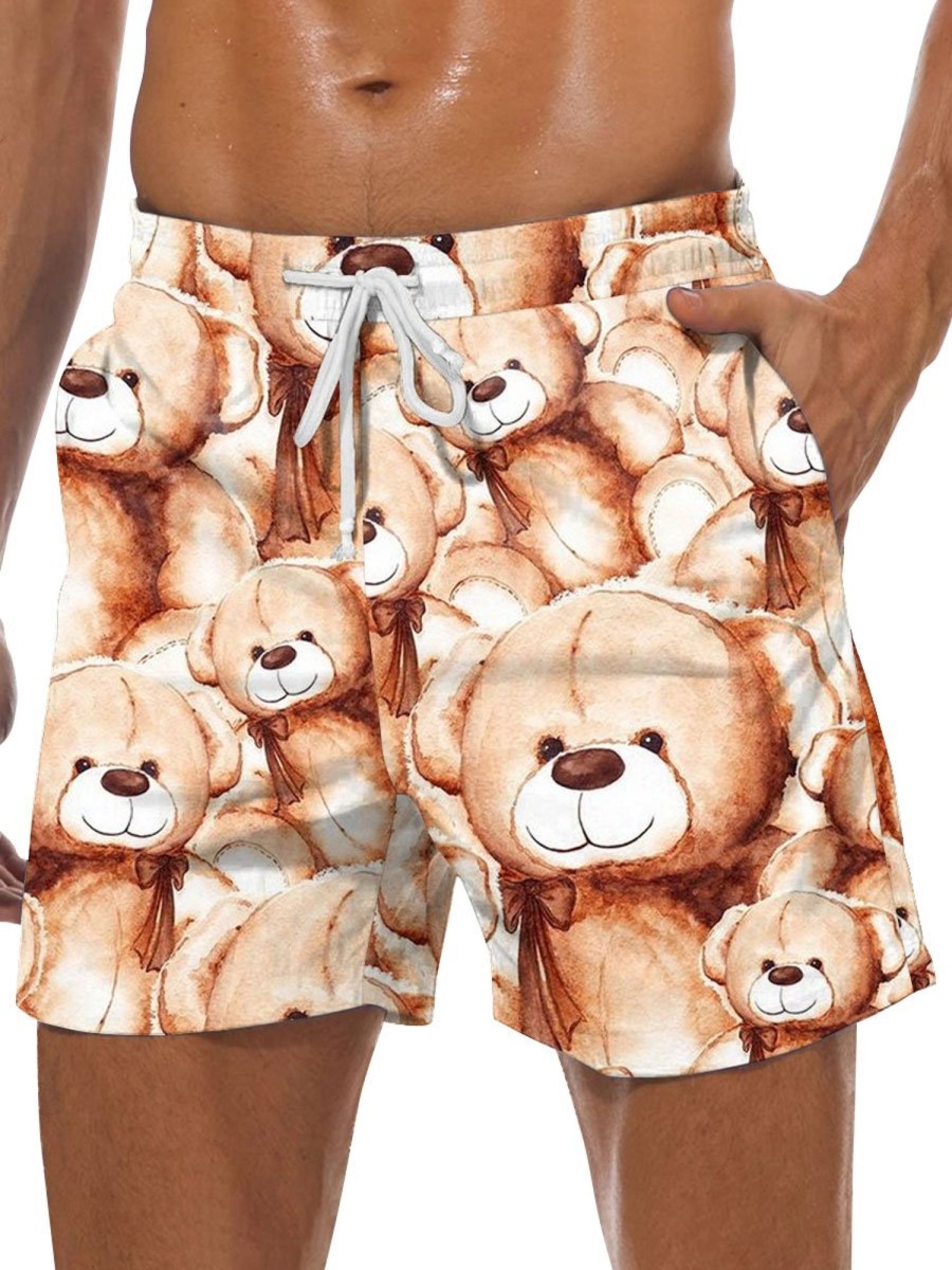 Men BXL Bottoms | Fun And Cute Bear Print Casual Shorts Khaki