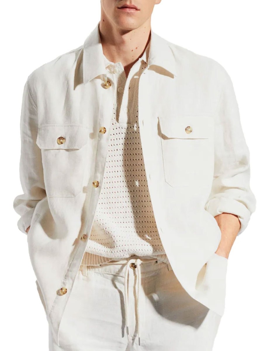 Men BXL Casual Shirts | Men'S Solid Color Cotton And Linen Pocket Long Sleeve Shirt White