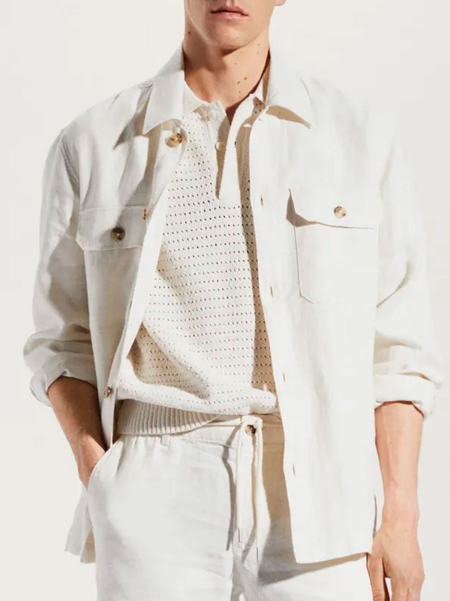 Men BXL Casual Shirts | Men'S Solid Color Cotton And Linen Pocket Long Sleeve Shirt White