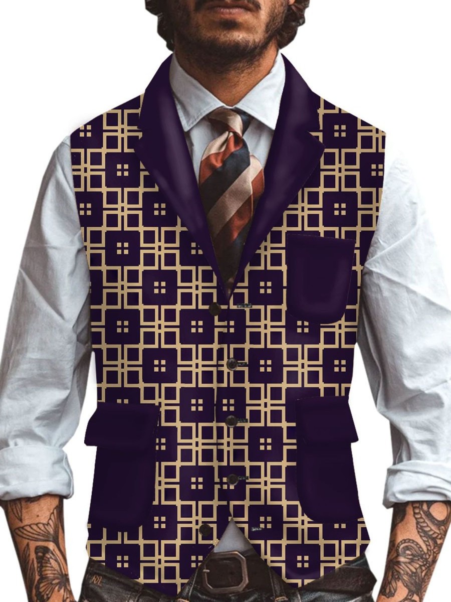 Men BXL Vest | Men'S Retro Geometric Print Multi-Pocket Casual Vest Purple