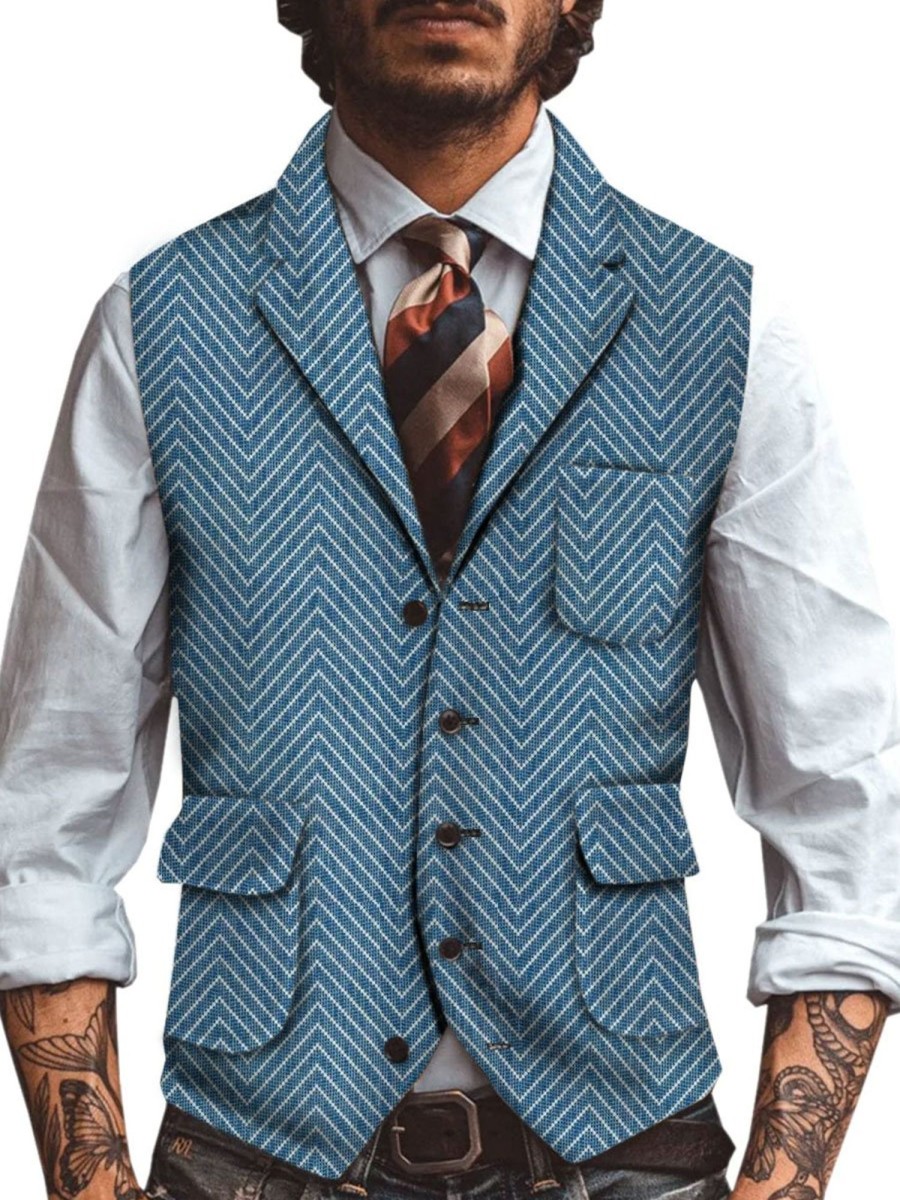 Men BXL Vest | Men'S Multi-Pocket Herringbone Print Casual Vest Blue