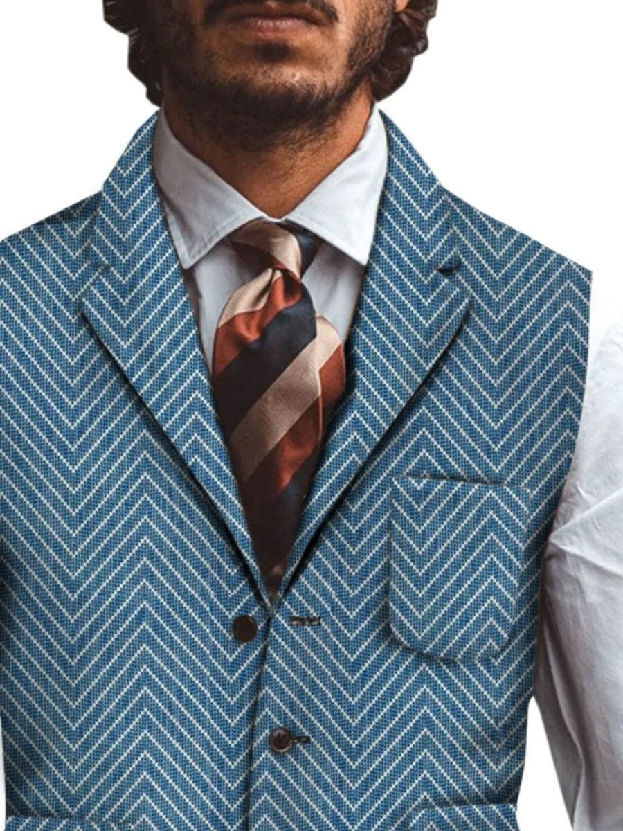 Men BXL Vest | Men'S Multi-Pocket Herringbone Print Casual Vest Blue