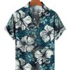 Men HLJ Shirts | Grunge Hibiscus Print Short Sleeve Shirt Blue