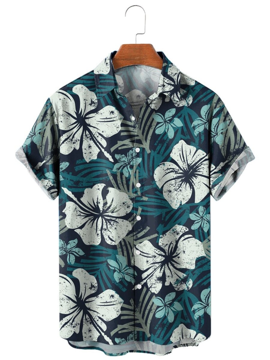 Men HLJ Shirts | Grunge Hibiscus Print Short Sleeve Shirt Blue