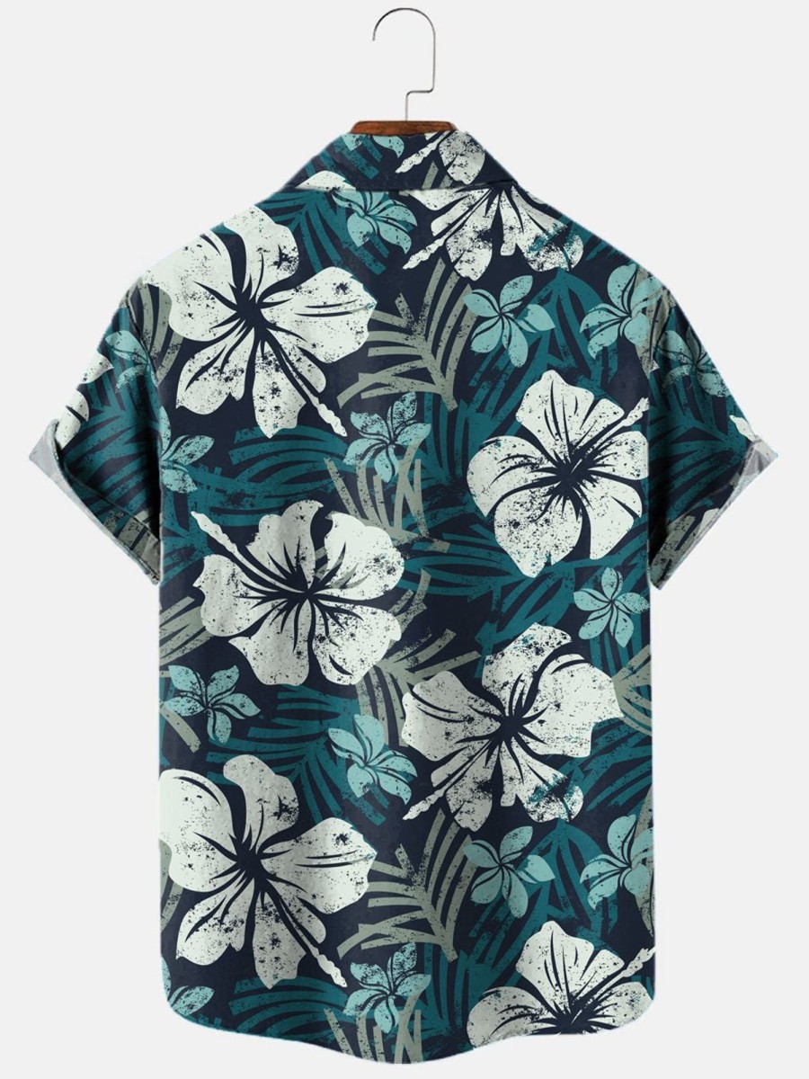 Men HLJ Shirts | Grunge Hibiscus Print Short Sleeve Shirt Blue