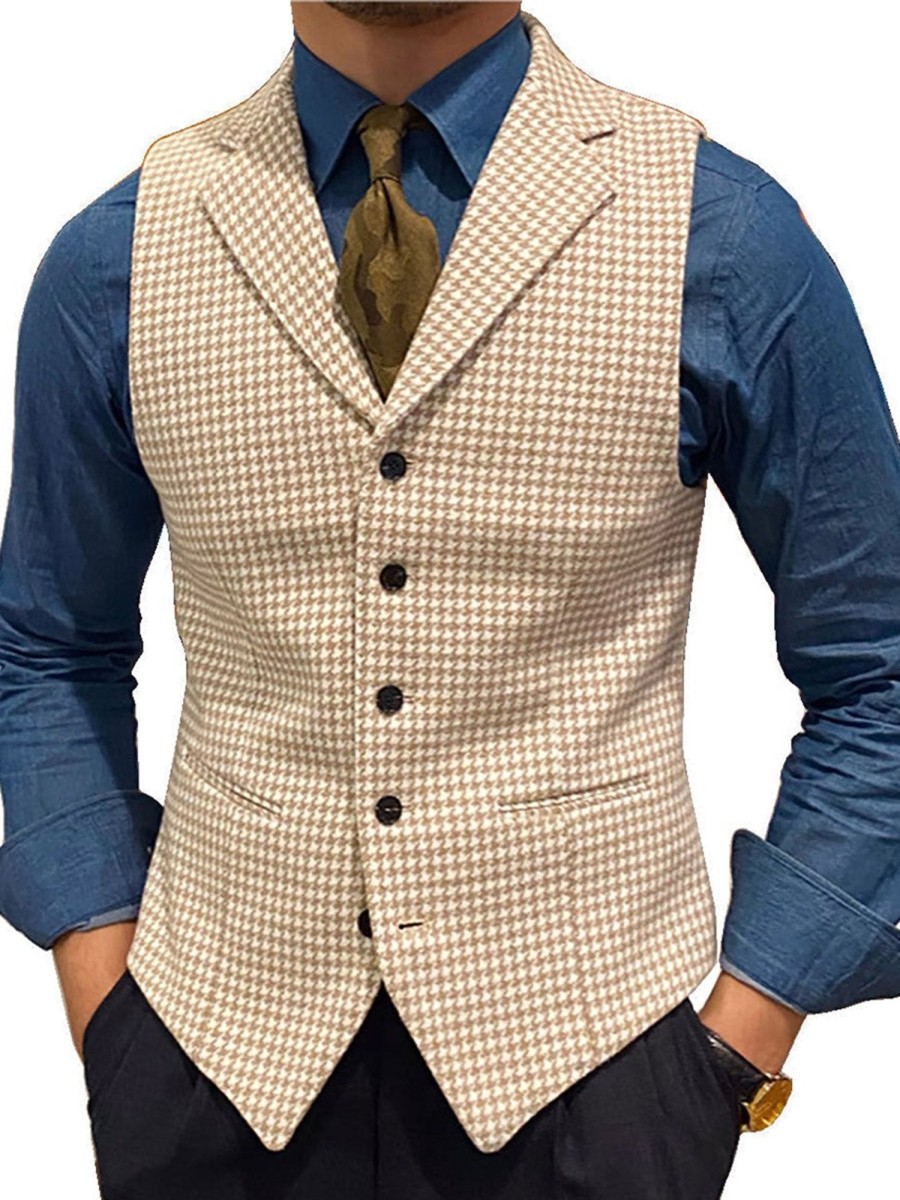 Men QMY Shirts | Mens Vintage Houndstooth Lapel Vest Beige