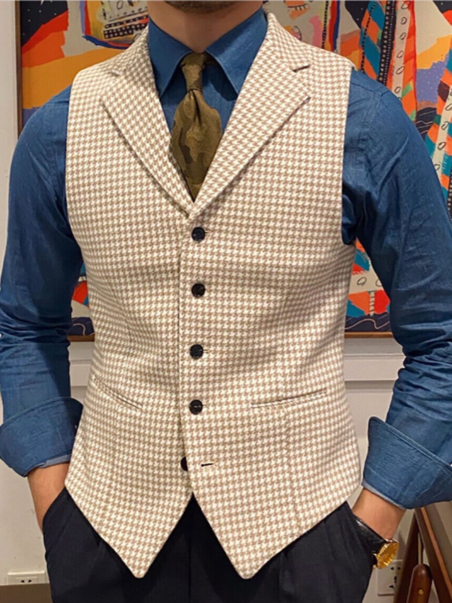 Men QMY Shirts | Mens Vintage Houndstooth Lapel Vest Beige