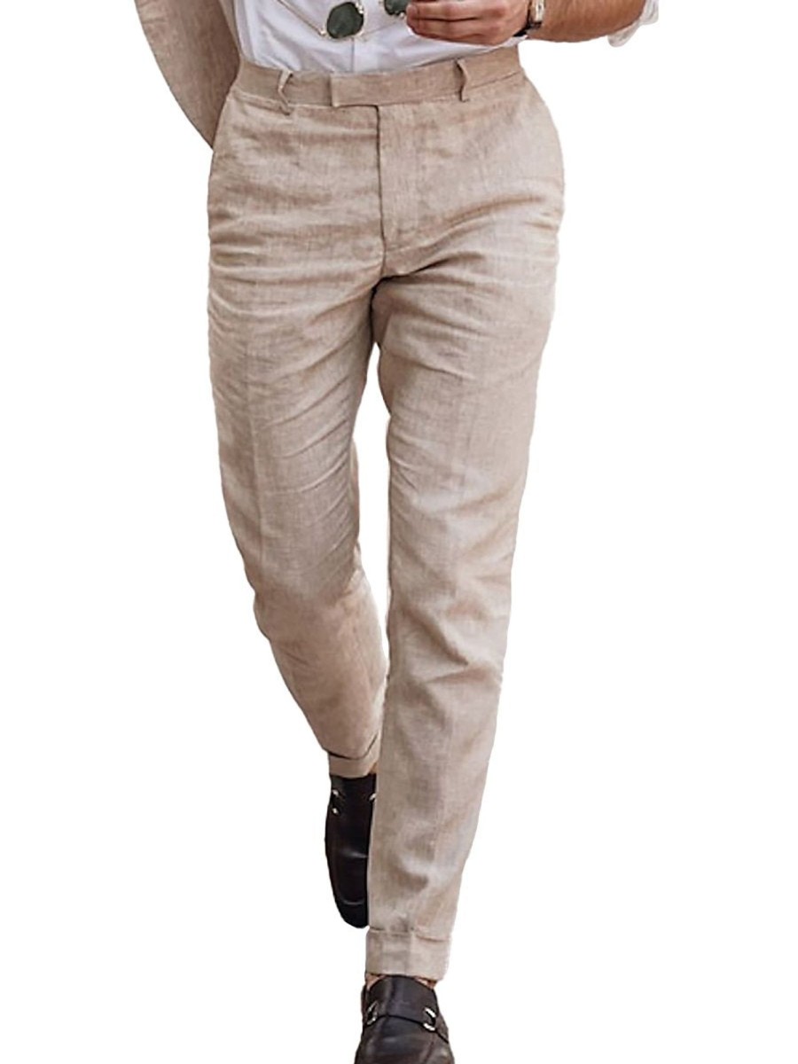 Men QMY Bottoms | Men'S Casual Linen Solid Color Pants Beige