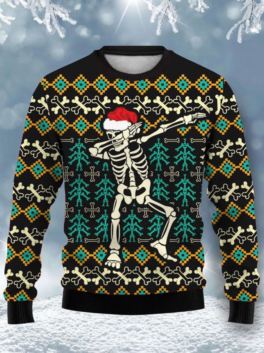 Men DJ Ugly Sweater | Christmas Fun Skull Print Crew Neck Sweatshirt Black