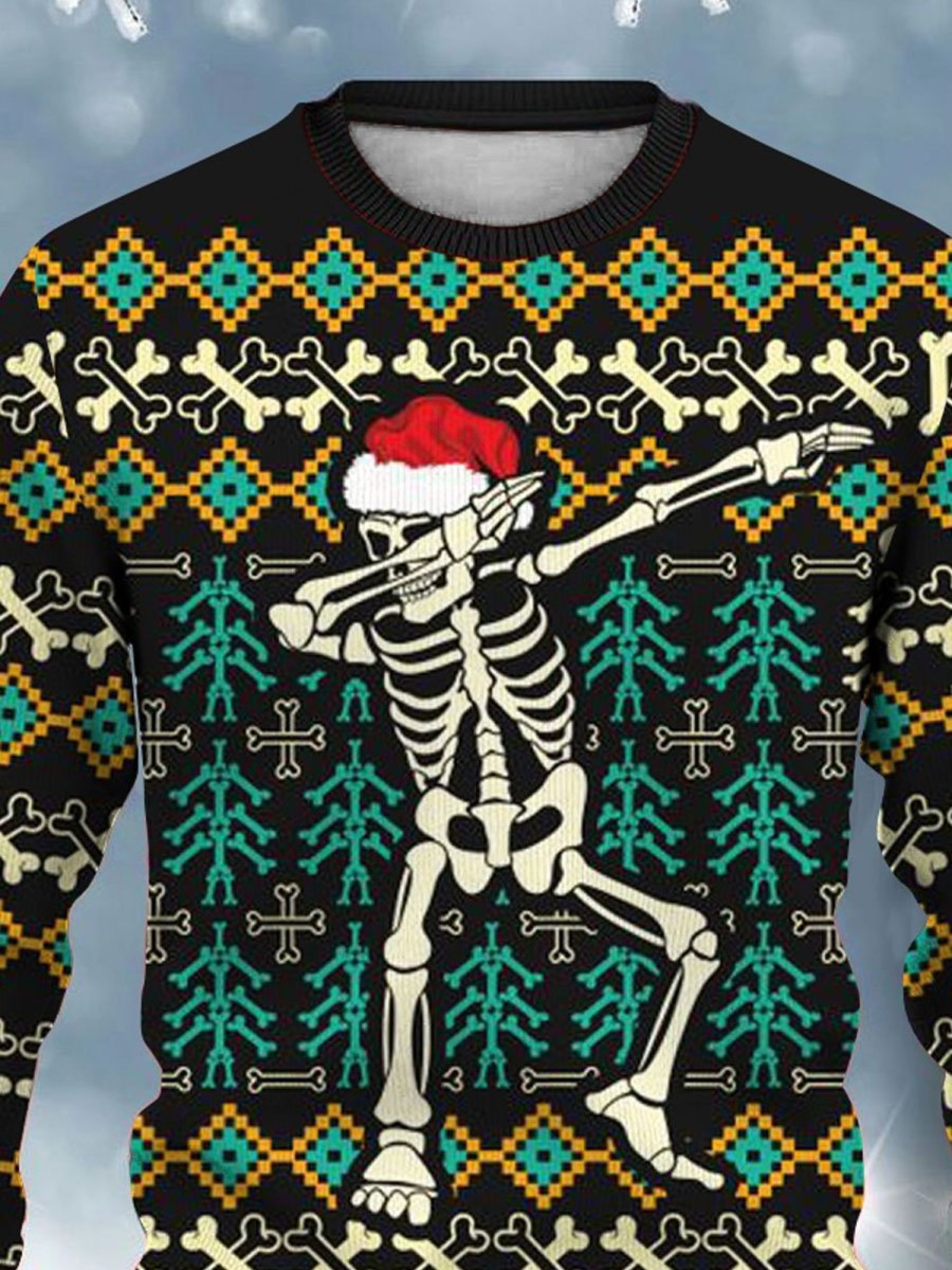 Men DJ Ugly Sweater | Christmas Fun Skull Print Crew Neck Sweatshirt Black