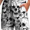 Men HLJ Bottoms | Black And Flower Skull Print Beach Shorts White