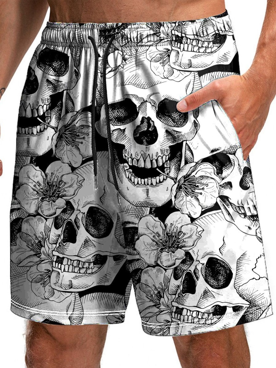 Men HLJ Bottoms | Black And Flower Skull Print Beach Shorts White