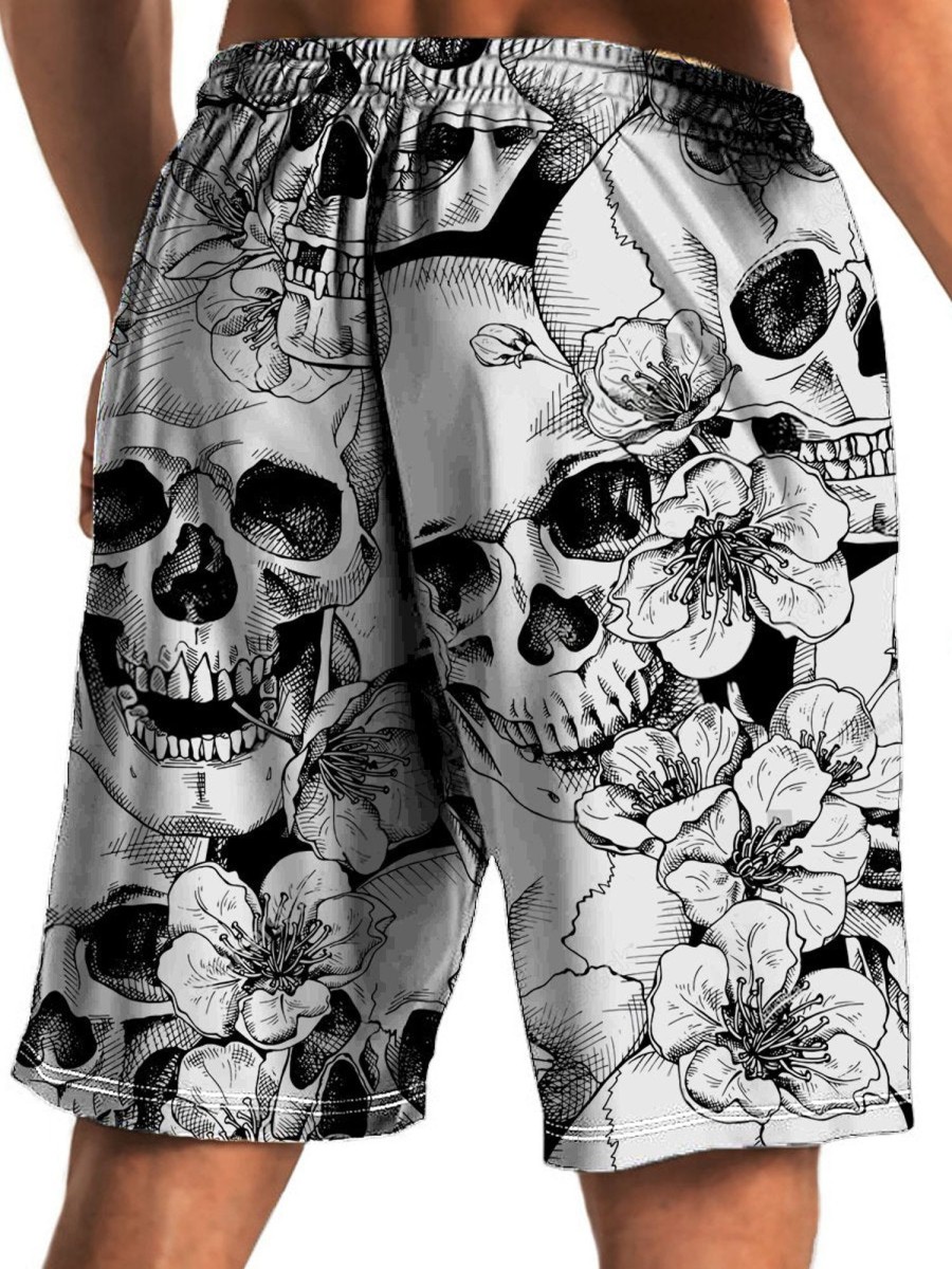 Men HLJ Bottoms | Black And Flower Skull Print Beach Shorts White