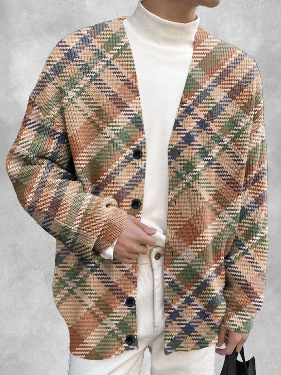 Men DJ Print Cardigan | Retro Large Plaid Printed Single-Breasted Casual Knitted Cardigan Khaki