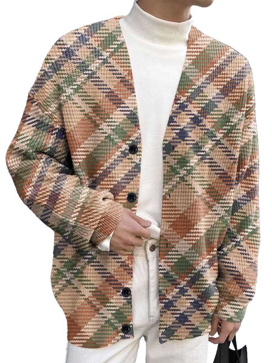 Men DJ Print Cardigan | Retro Large Plaid Printed Single-Breasted Casual Knitted Cardigan Khaki