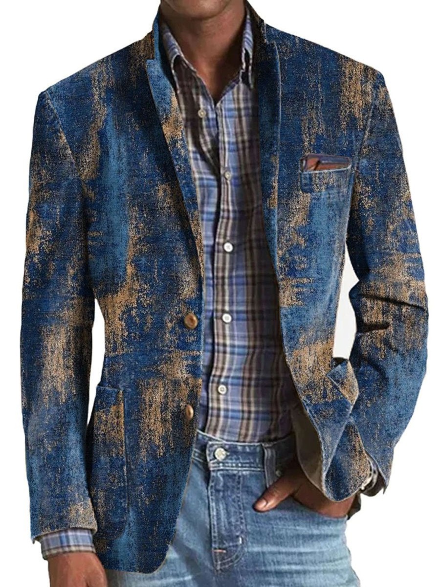 Men DJ Print Jacket | Vintage Printed Lapel Single-Breasted Casual Blazer Navy