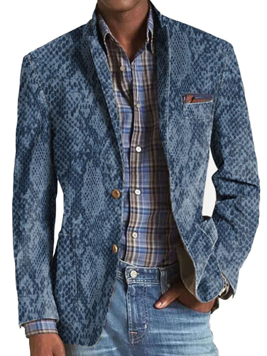 Men DJ Print Jacket | Vintage Animal Skin Print 3-Pocket Casual Lapel Blazer Navy