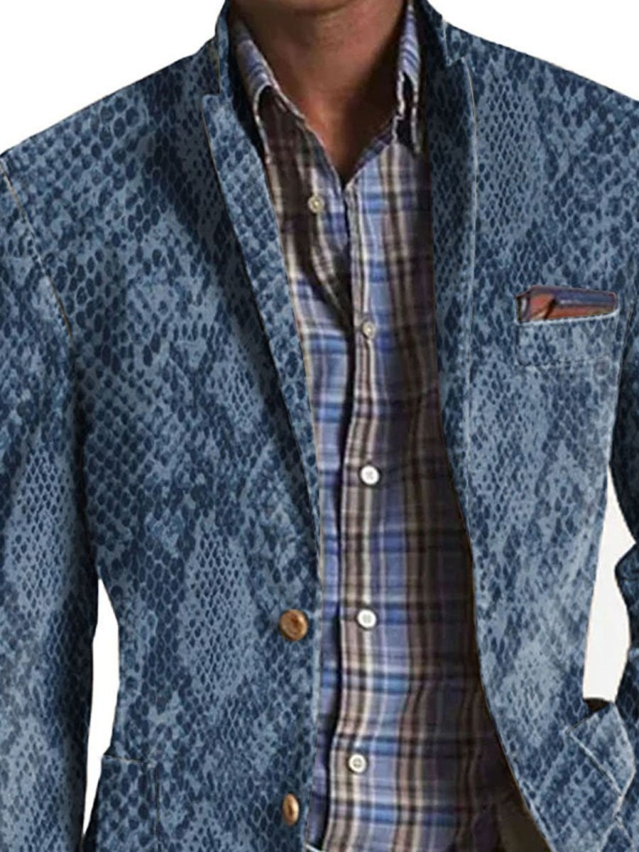 Men DJ Print Jacket | Vintage Animal Skin Print 3-Pocket Casual Lapel Blazer Navy