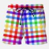 Men DJ Shorts | Men'S Rainbow Plaid Print Casual Hawaiian Beach Board Drawstring Shorts Photo Color