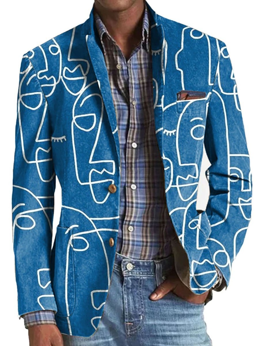 Men TH Print Jacket | Men'S Retro Abstract Face Print Pocket Casual Blazer Blue