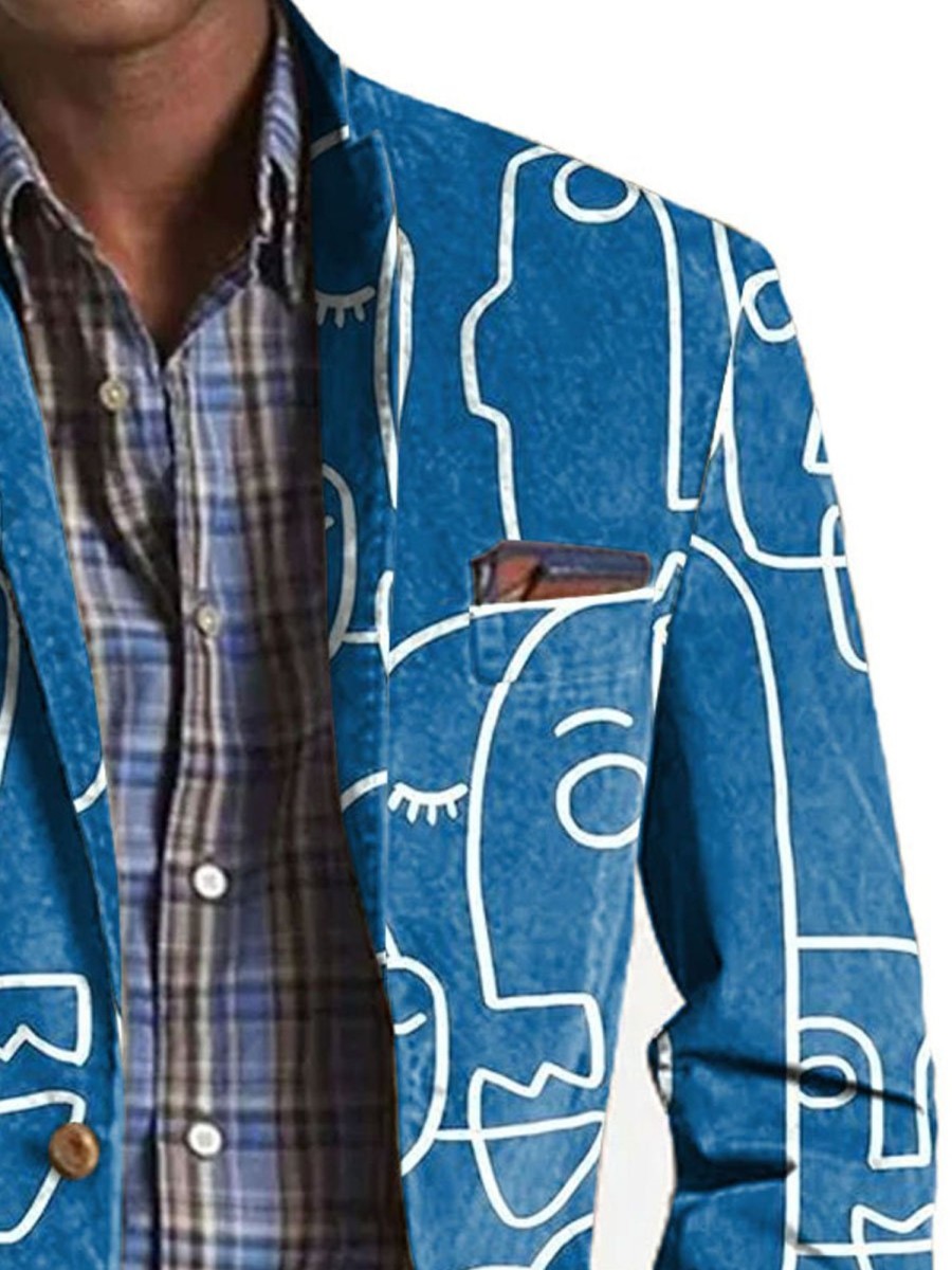 Men TH Print Jacket | Men'S Retro Abstract Face Print Pocket Casual Blazer Blue