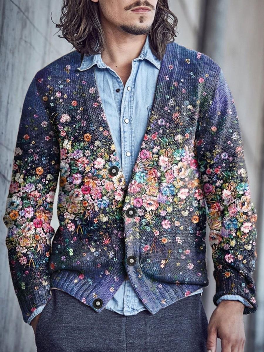 Men BXL Print Cardigan | Men'S Casual Floral Gradient Single-Breasted V-Neck Knitted Cardigan Photo Color