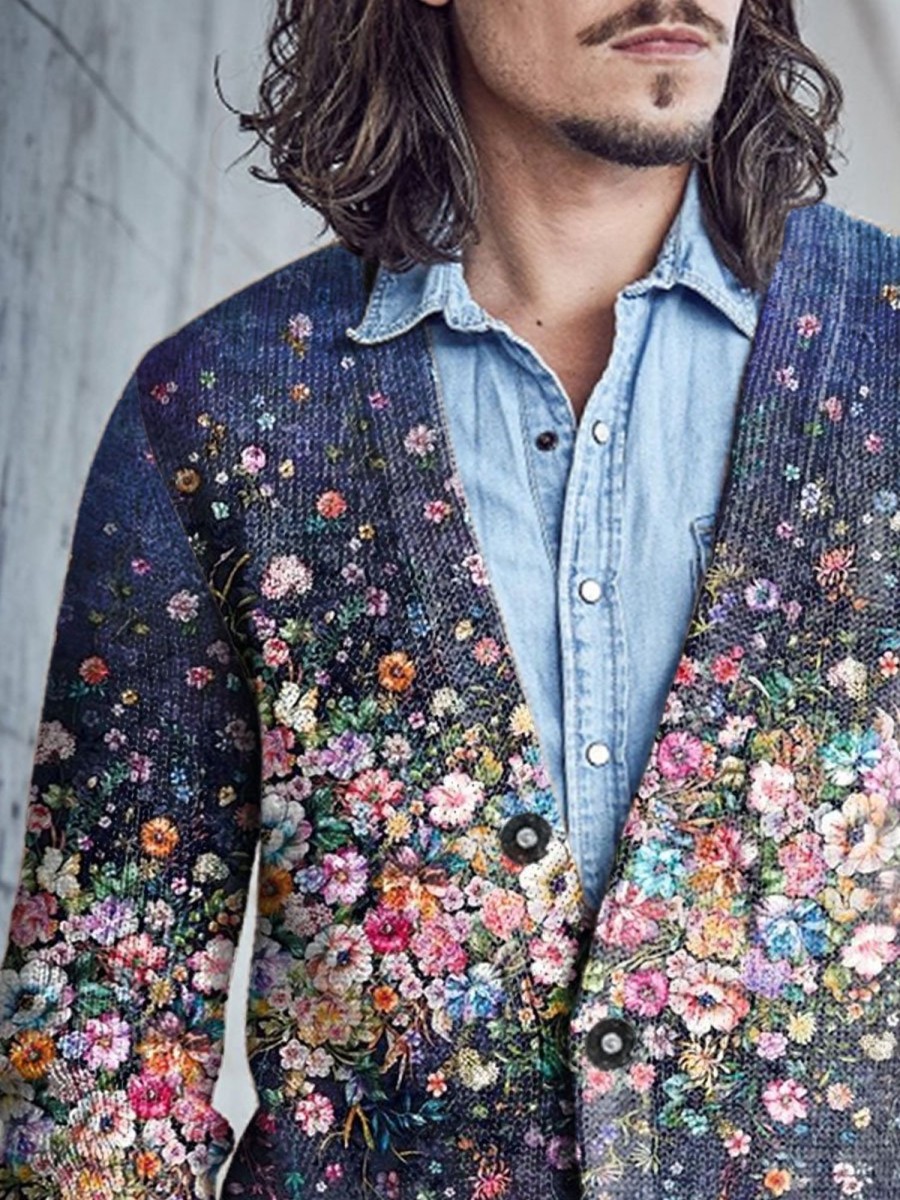 Men BXL Print Cardigan | Men'S Casual Floral Gradient Single-Breasted V-Neck Knitted Cardigan Photo Color