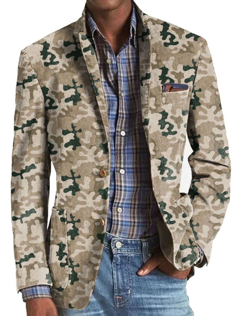 Men BXL Print Jacket | Men'S Retro Camouflage Print Casual Blazer Khaki