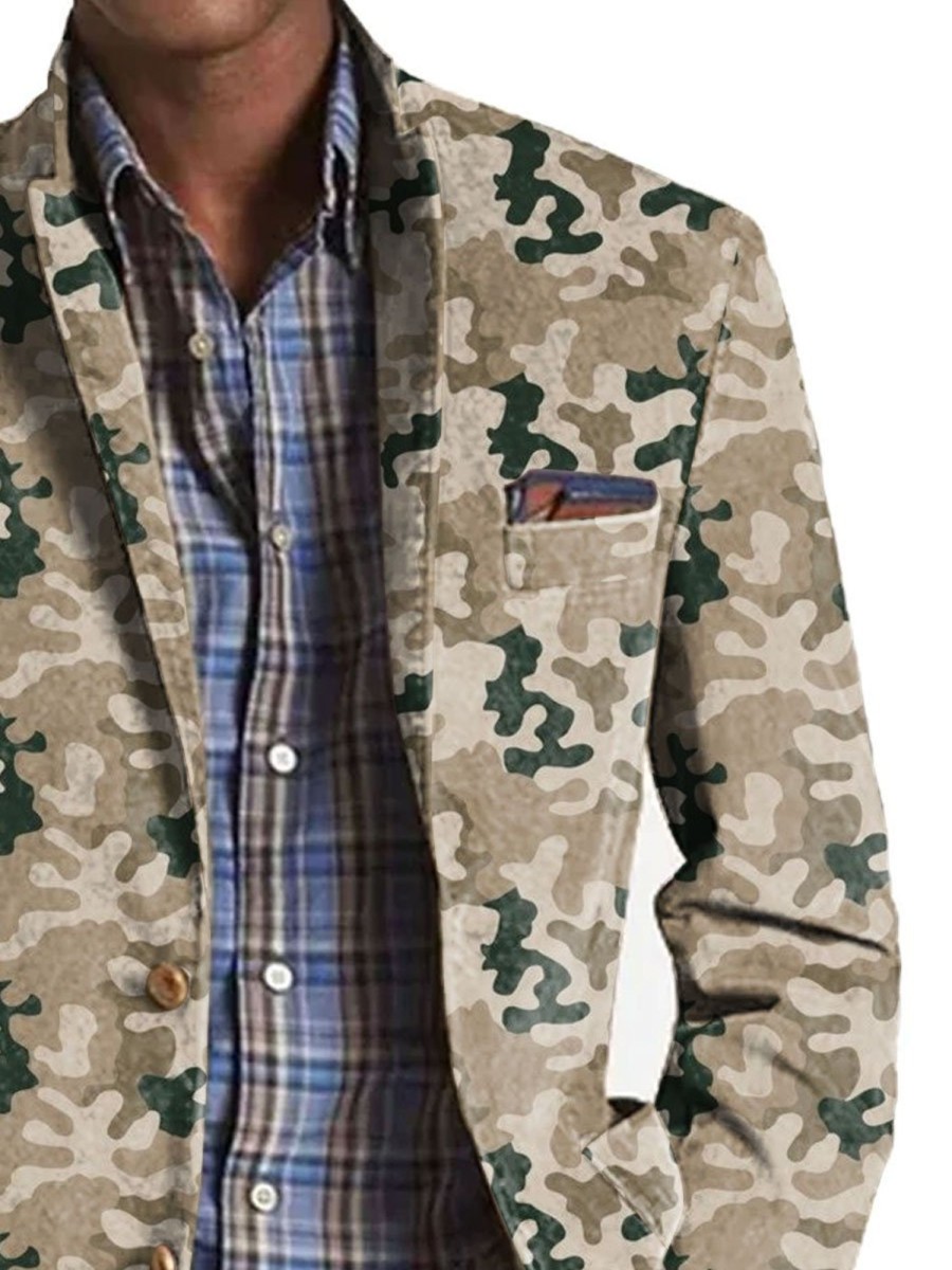 Men BXL Print Jacket | Men'S Retro Camouflage Print Casual Blazer Khaki