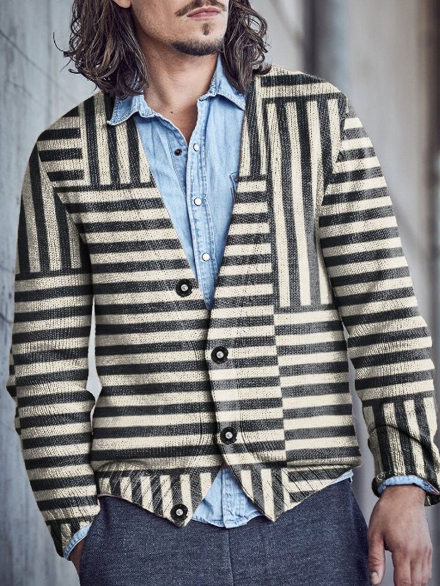 Men DJ Print Cardigan | Retro Line Print V-Neck Casual Knitted Cardigan Photo Color