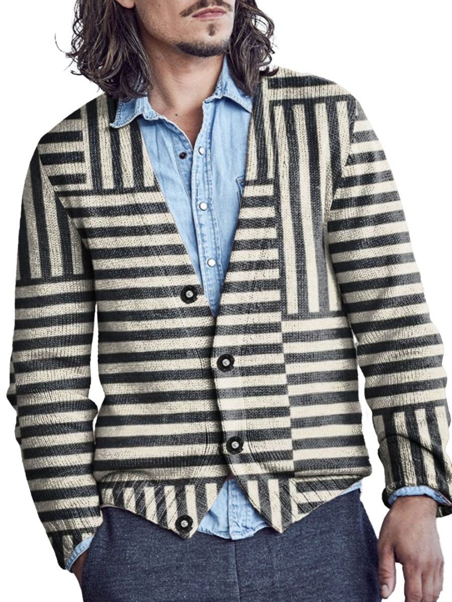 Men DJ Print Cardigan | Retro Line Print V-Neck Casual Knitted Cardigan Photo Color