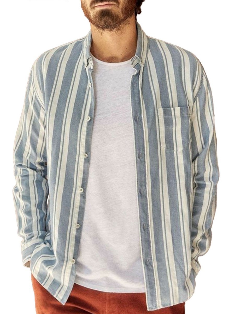 Men BXL Casual Long Sleeve Shirts | Men'S Striped Casual Pocket Long Sleeve Shirt Blue