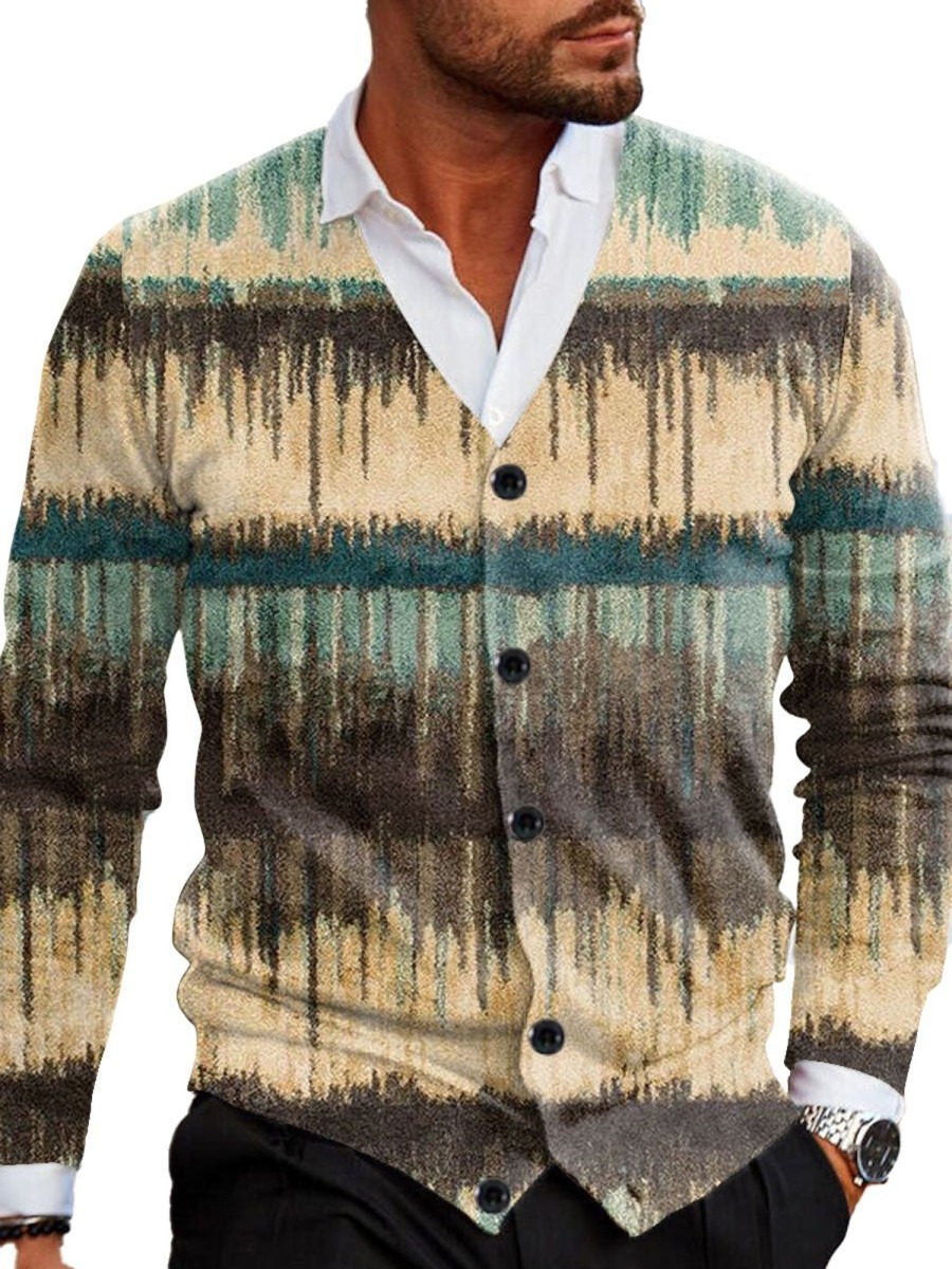 Men DJ Print Cardigan | Retro Gradient Graffiti Print V-Neck Knitted Cardigan Photo Color