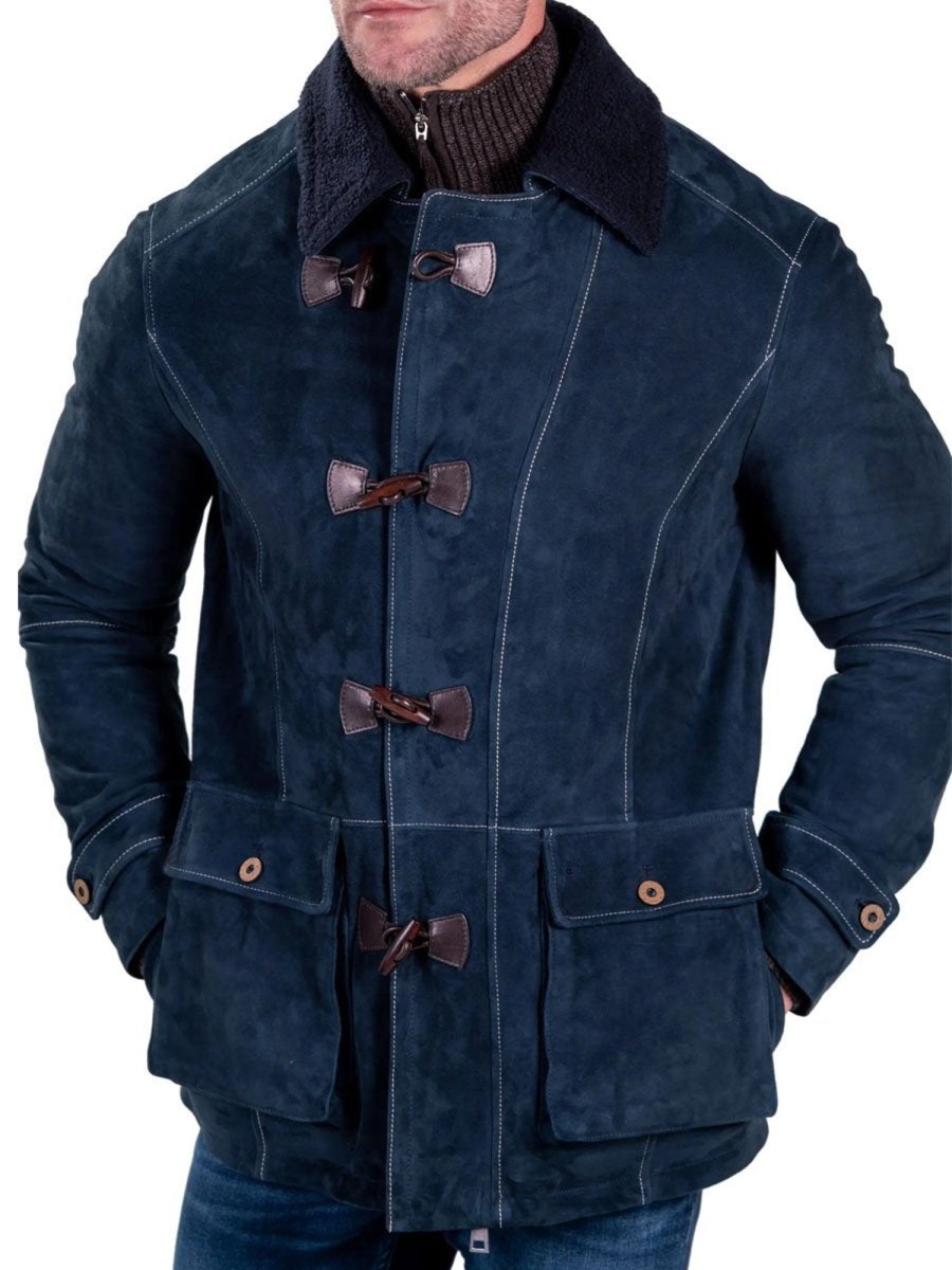 Men DJ Jacket | Lapel Single-Breasted Double-Pocket Suede Thermal Jacket Navy