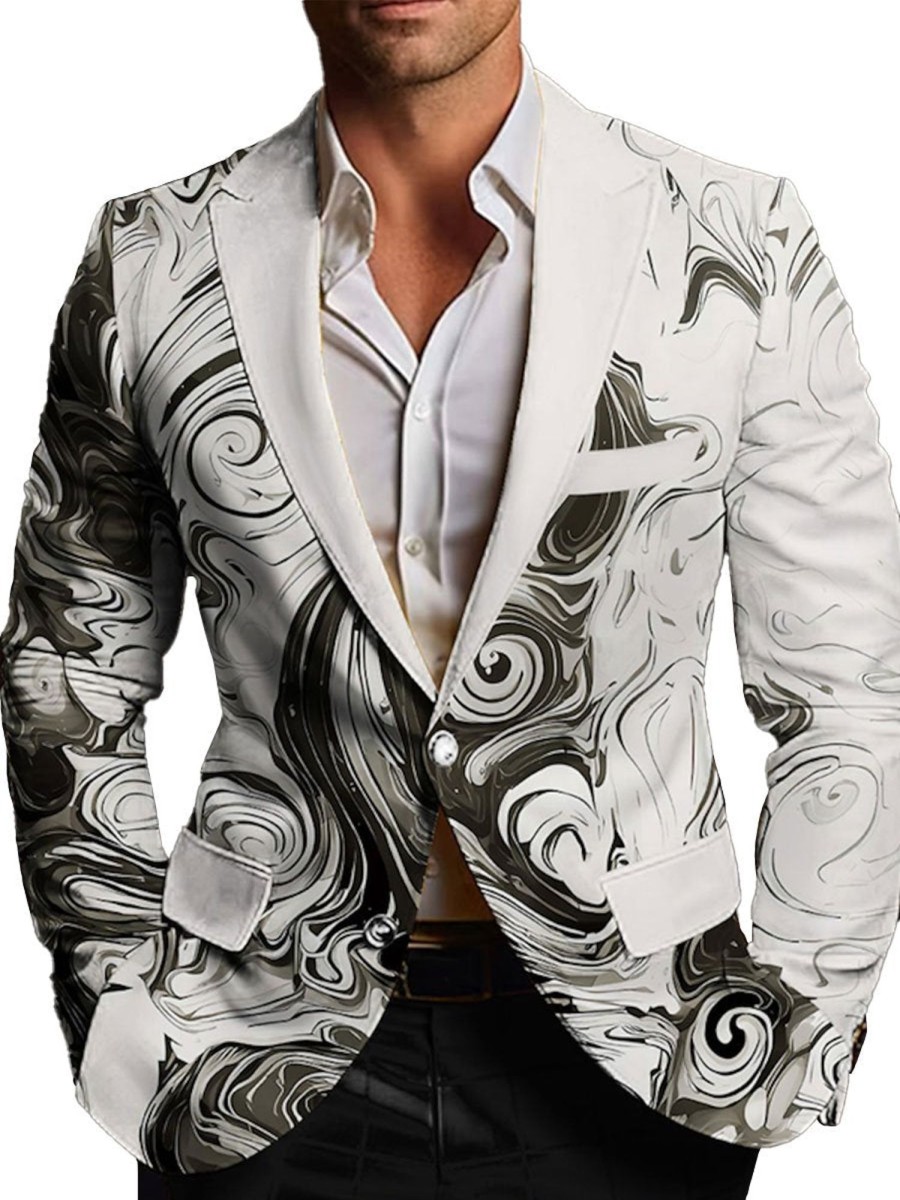 Men BXL Jacket | Men'S Multi-Pocket Retro Ink Print Casual Blazer Photo Color