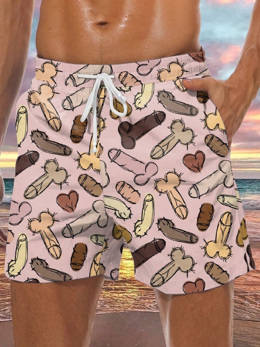 Men DJ Bottoms | Fun Multicolor Stick Figure Cocks Print Pocket Tie Shorts