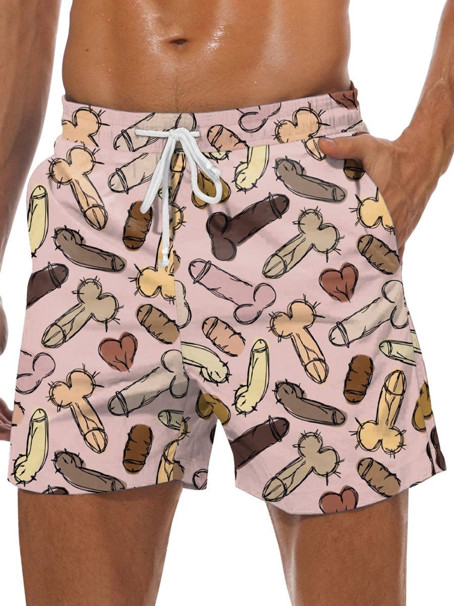 Men DJ Bottoms | Fun Multicolor Stick Figure Cocks Print Pocket Tie Shorts