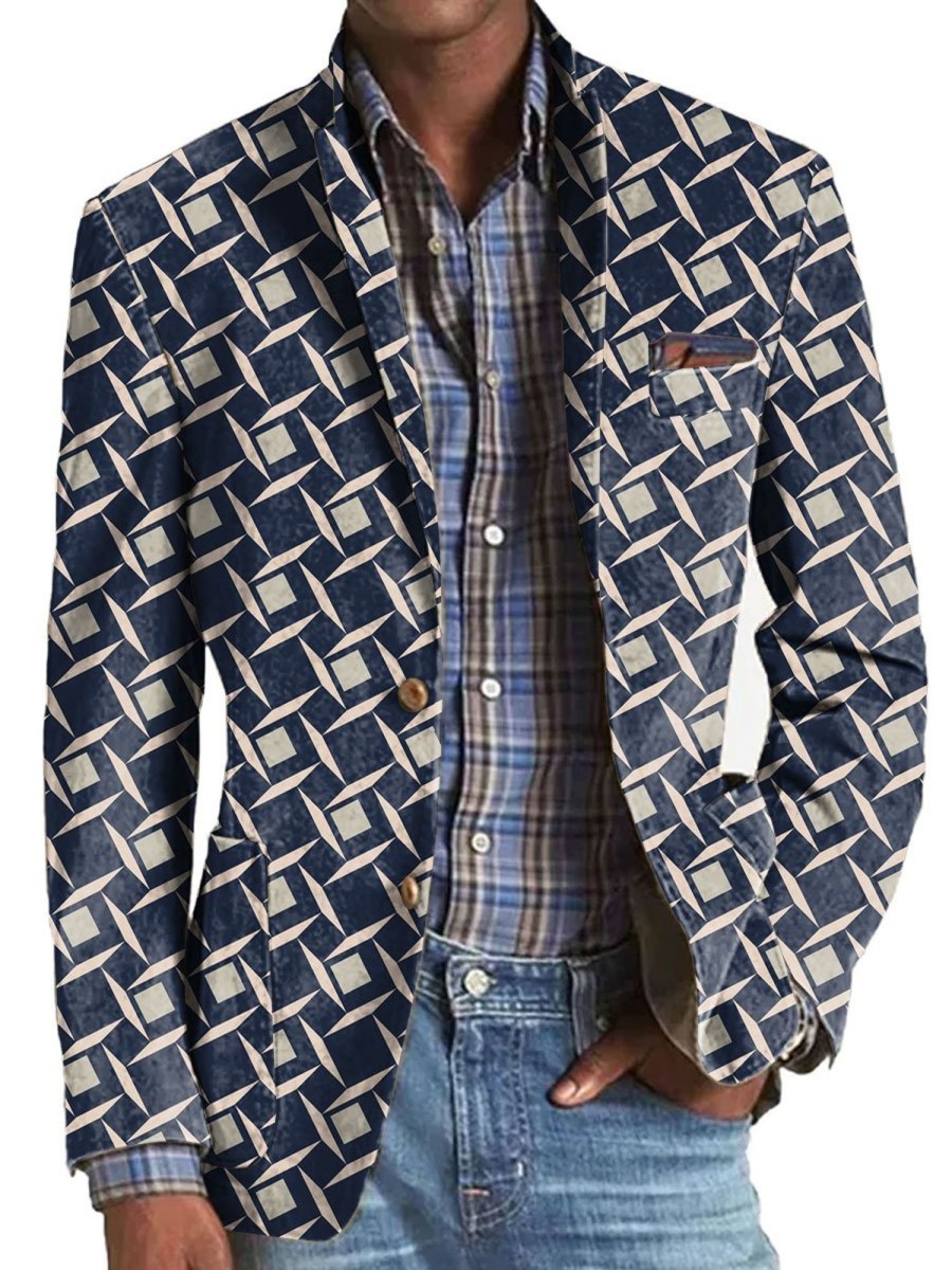 Men BXL Print Jacket | Men'S Geometric Print Pocket Casual Blazer Navy Blue