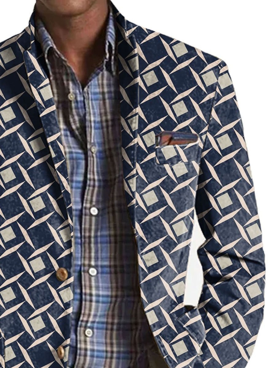 Men BXL Print Jacket | Men'S Geometric Print Pocket Casual Blazer Navy Blue