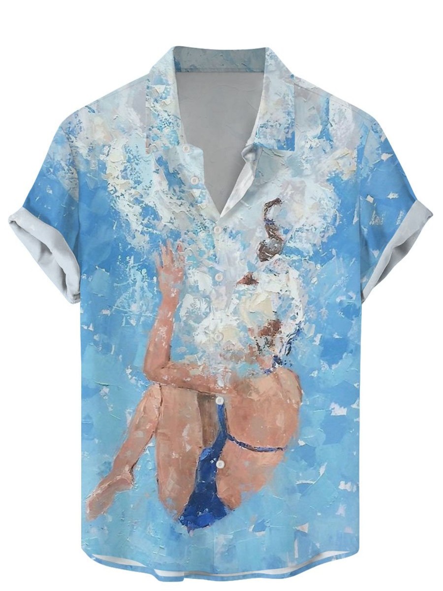 Men BXL Shirts | Oil Painting Girl Falling Ocean Print Casual Short-Sleeved Shirt Blue