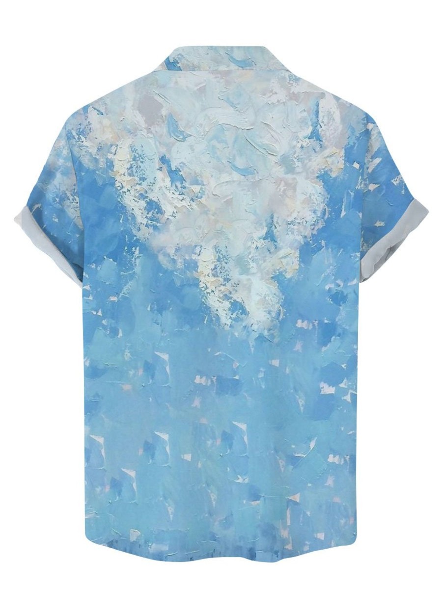 Men BXL Shirts | Oil Painting Girl Falling Ocean Print Casual Short-Sleeved Shirt Blue