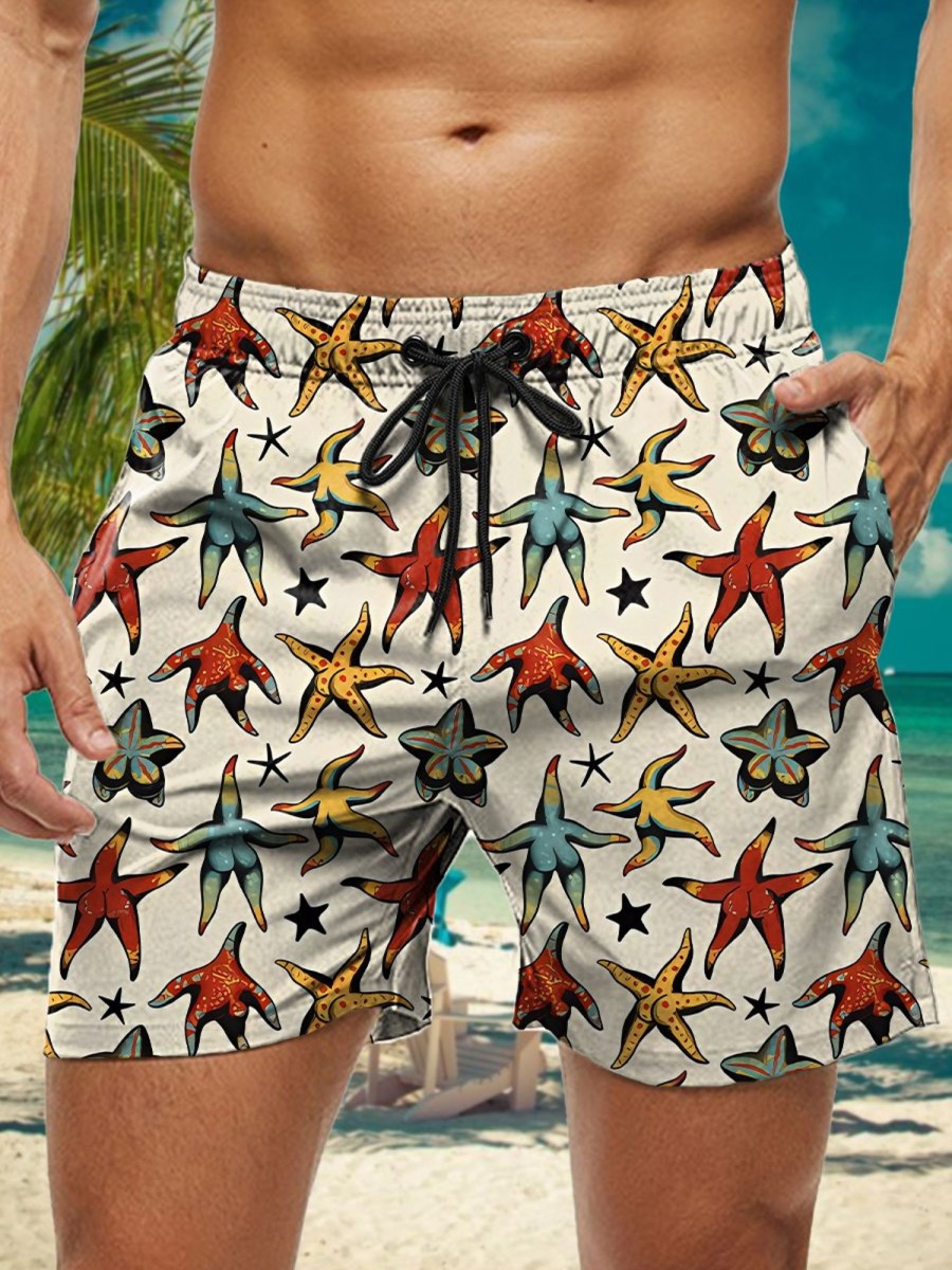 Men HWT Shorts | Men'S Shorts Holiday Sexy Starfish Print Beach Shorts Beige