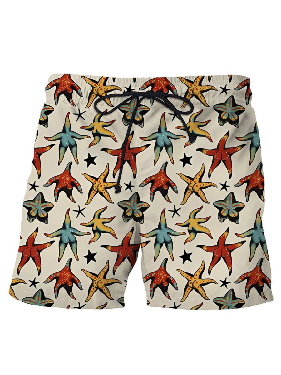 Men HWT Shorts | Men'S Shorts Holiday Sexy Starfish Print Beach Shorts Beige