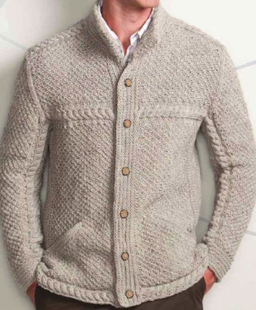 Men LJC Cardigan | Twisted Jacquard Lapel Double-Pocket Knitted Cardigan White