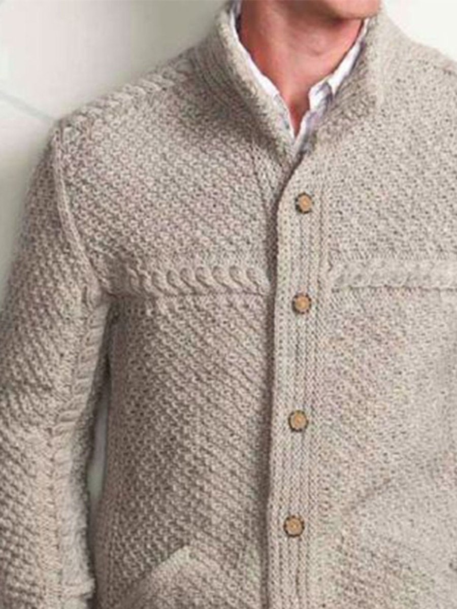 Men LJC Cardigan | Twisted Jacquard Lapel Double-Pocket Knitted Cardigan White